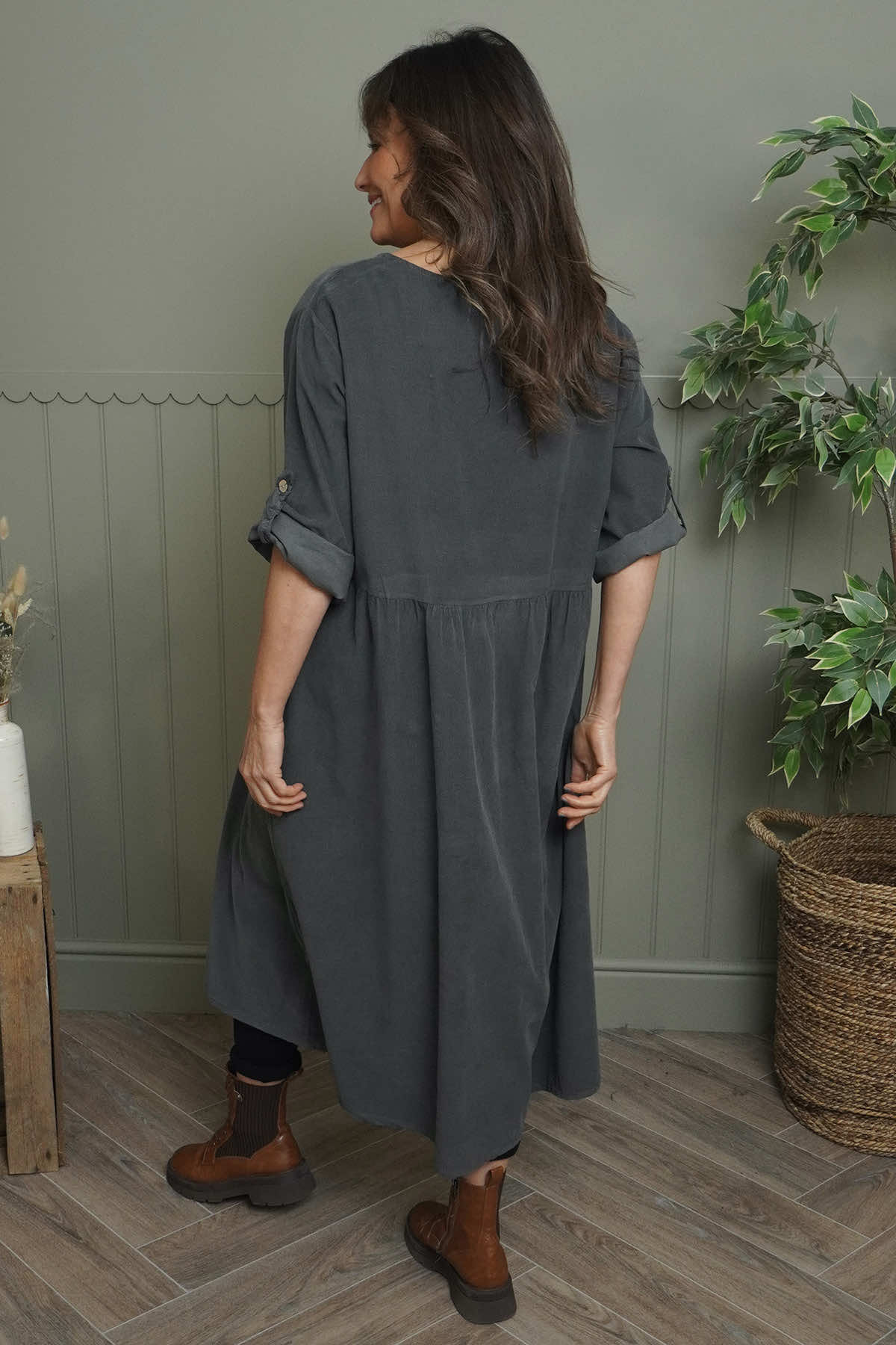 Etta Needlecord Dress Charcoal