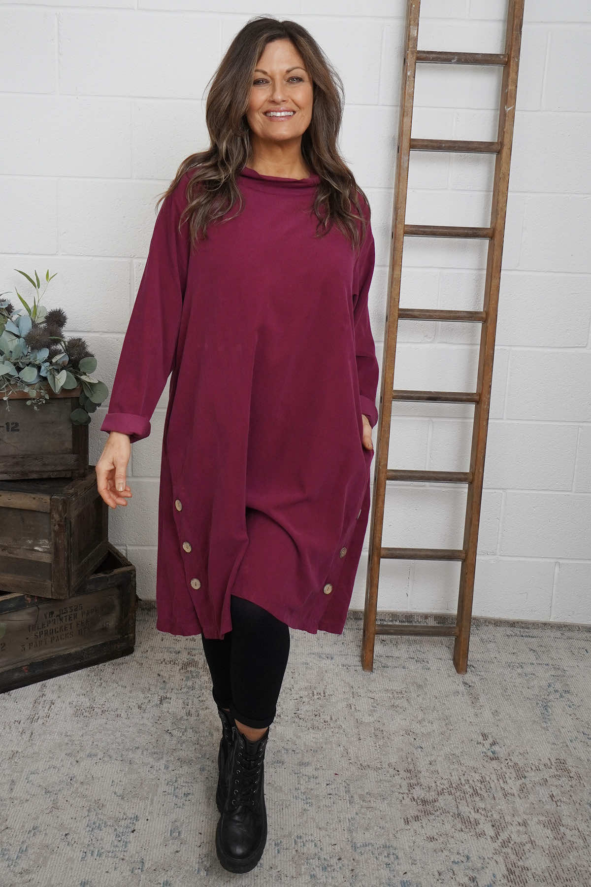 Izzy Button Detail Needlecord Dress Wine