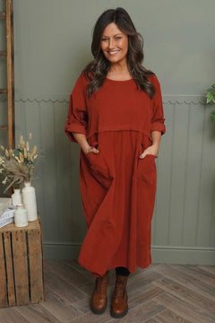 Etta Needlecord Dress Burnt Orange