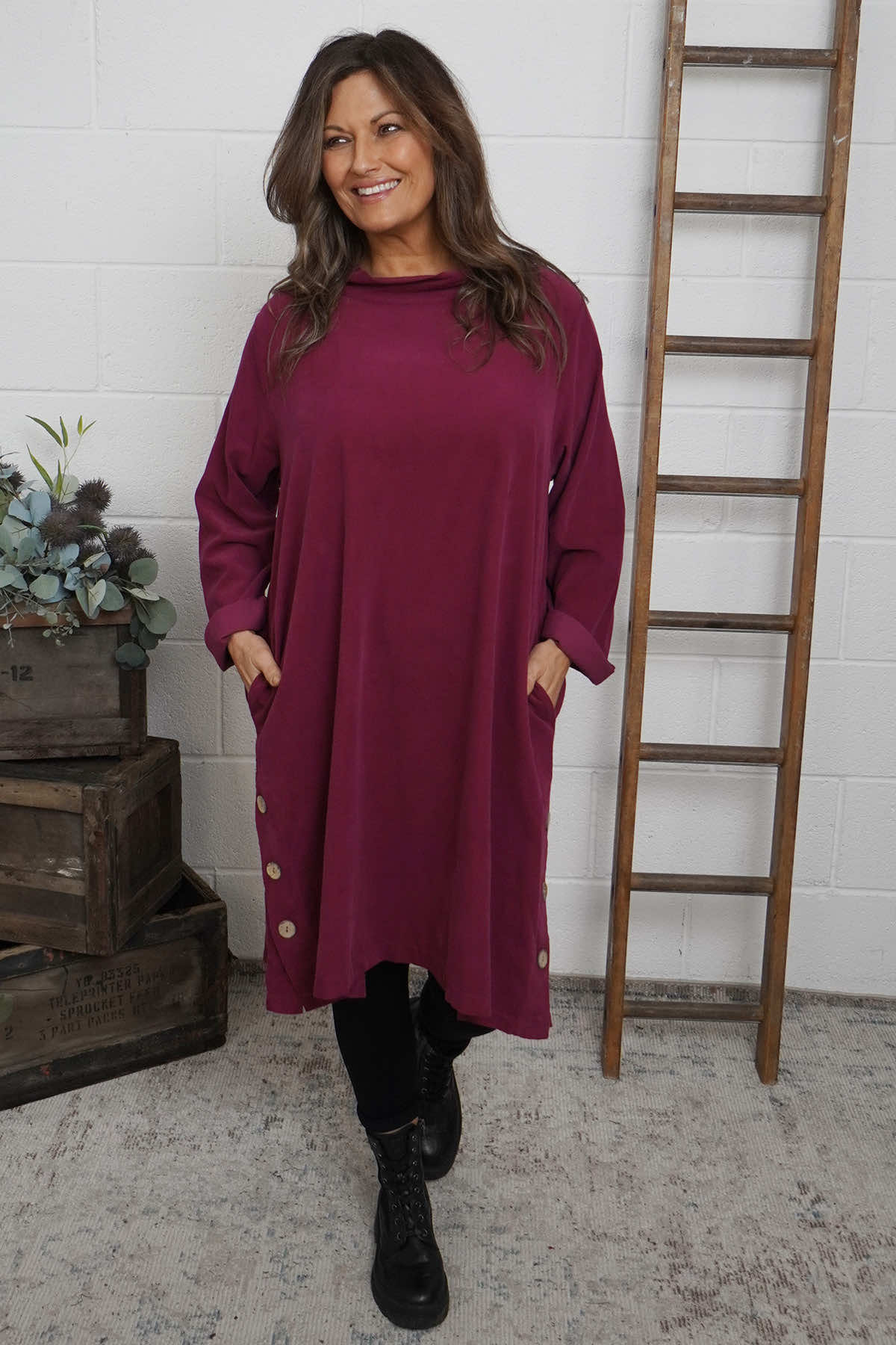 Izzy Button Detail Needlecord Dress Wine