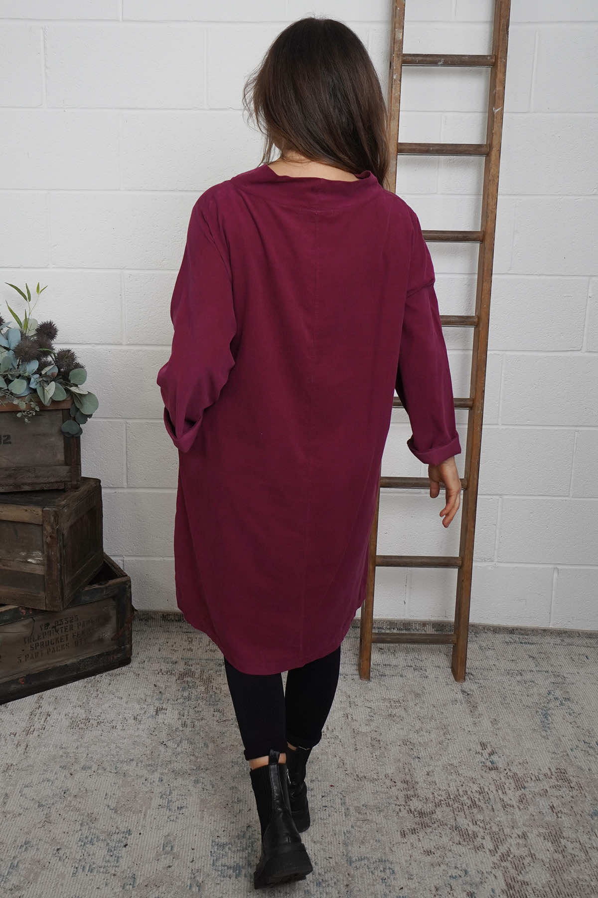 Izzy Button Detail Needlecord Dress Wine