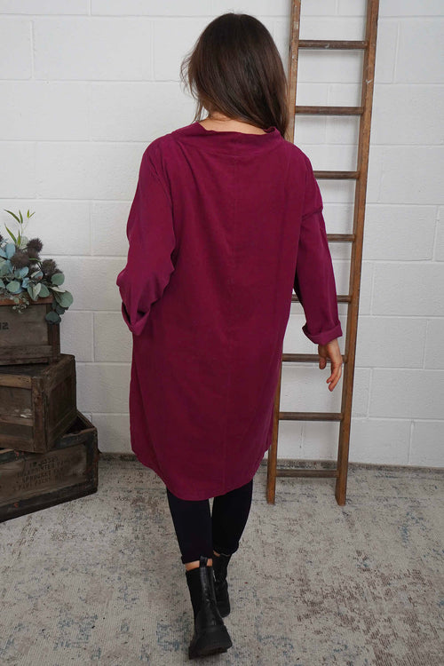 Izzy Button Detail Needlecord Dress Wine - Image 4