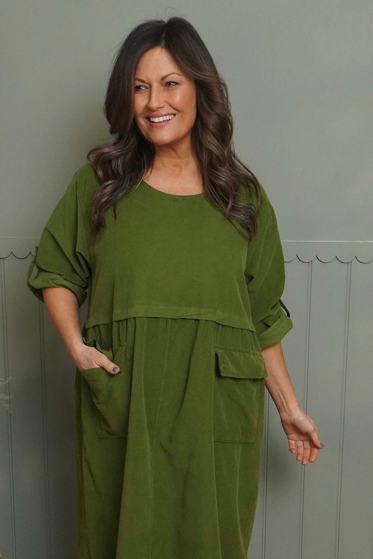 Etta Needlecord Dress Olive