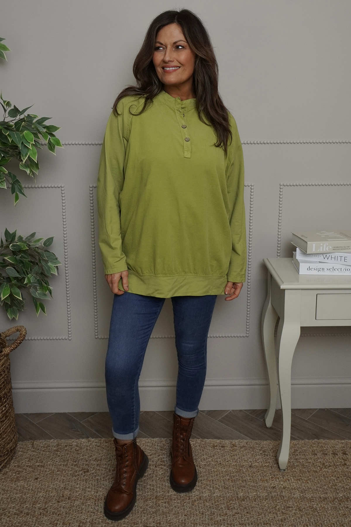 Nyree Button Cotton Top Green