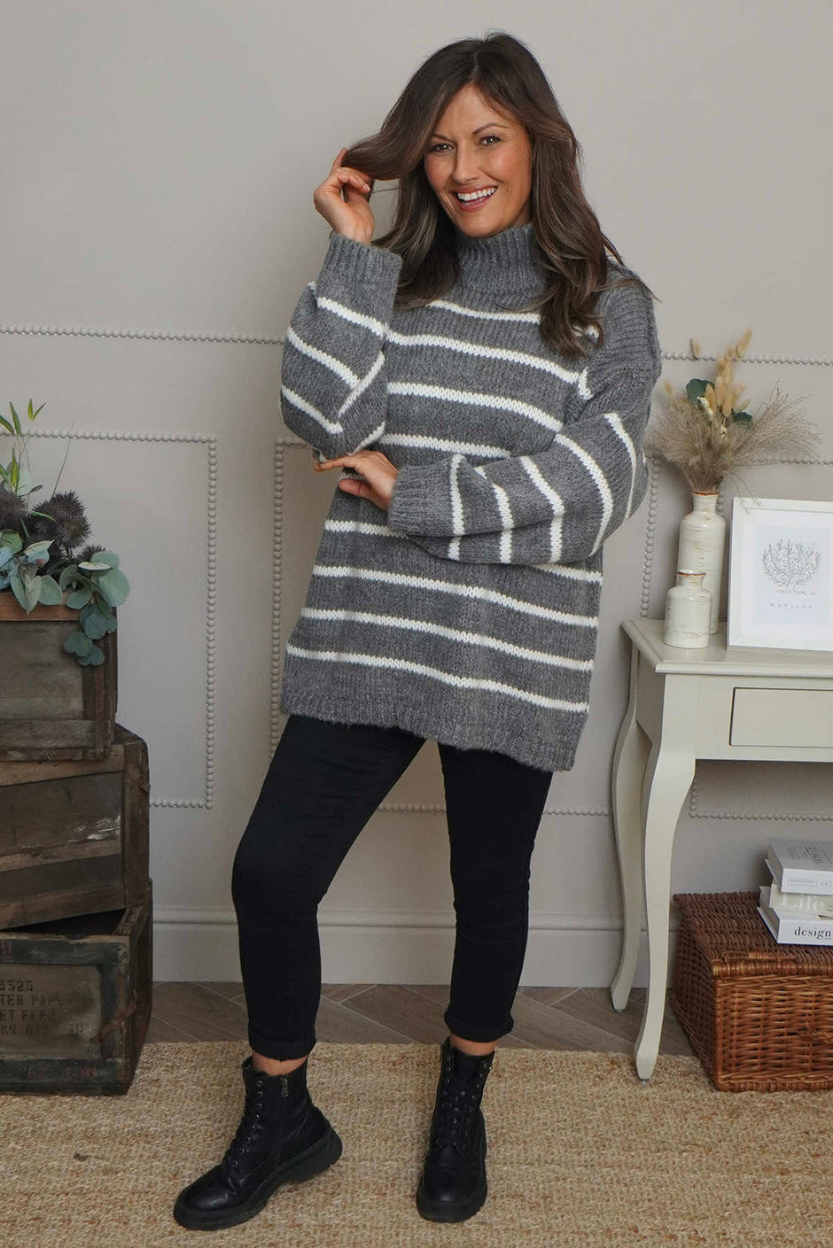 Joella Stripe Knitted Jumper Mid Grey