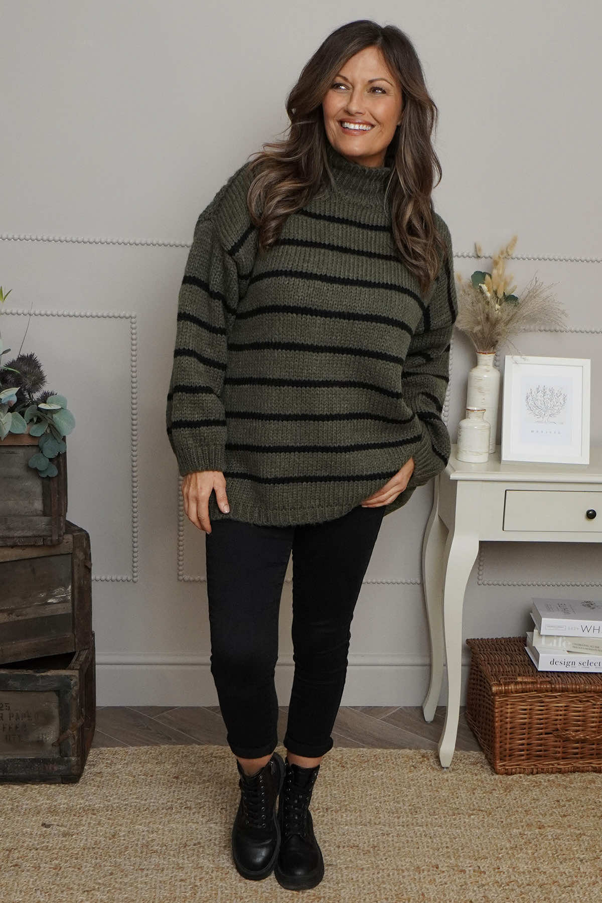 Joella Stripe Knitted Jumper Khaki