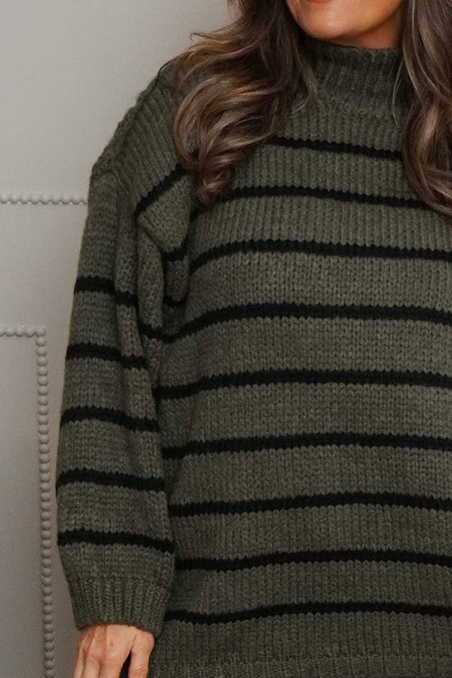 Joella Stripe Knitted Jumper Khaki - Image 3