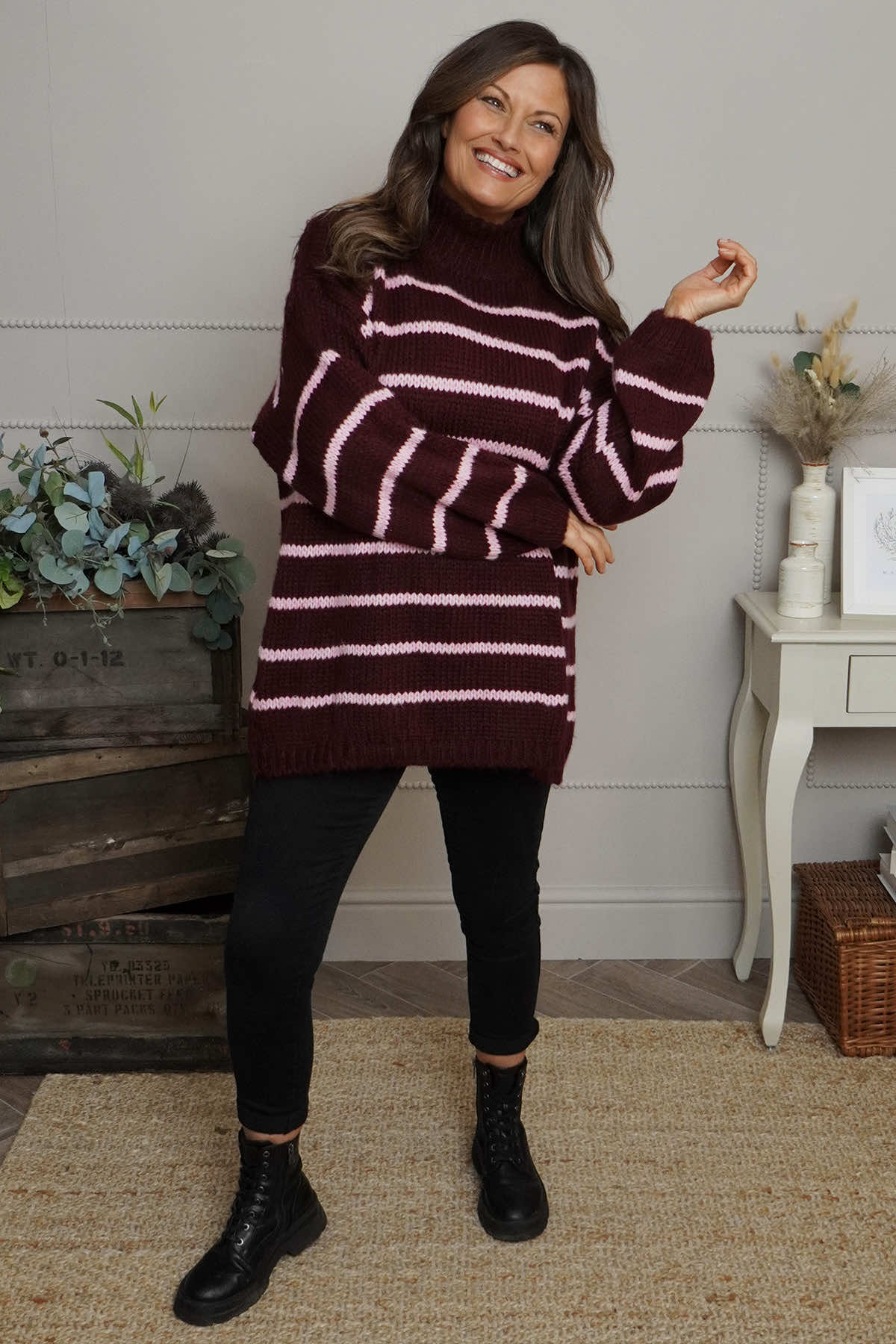 Joella Stripe Knitted Jumper Wine