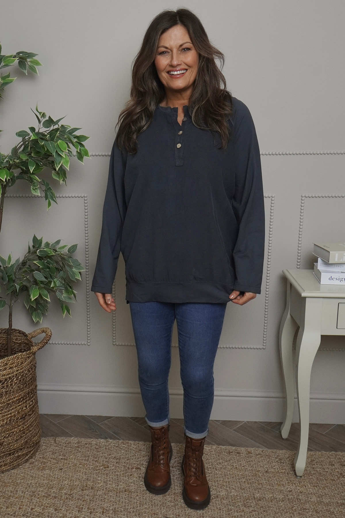 Nyree Button Cotton Top Charcoal