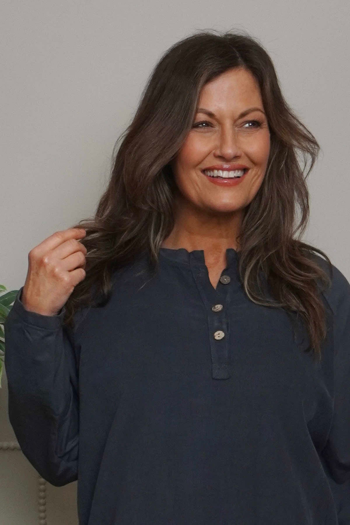 Nyree Button Cotton Top Charcoal