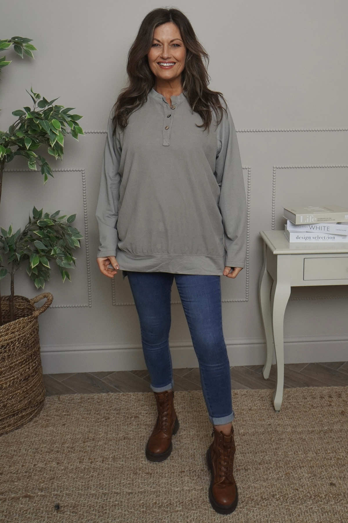 Nyree Button Cotton Top Mocha