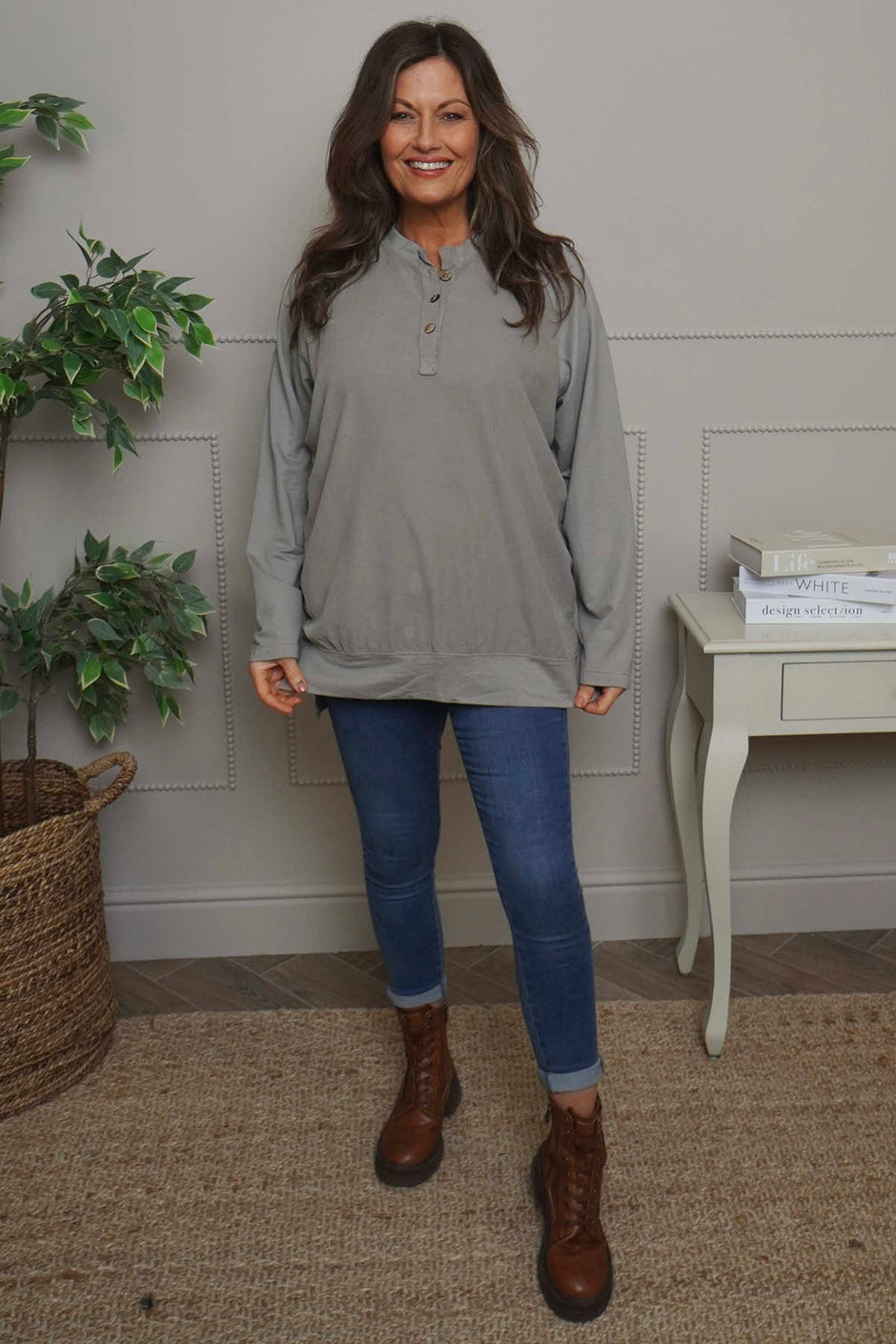 Nyree Button Cotton Top Mocha