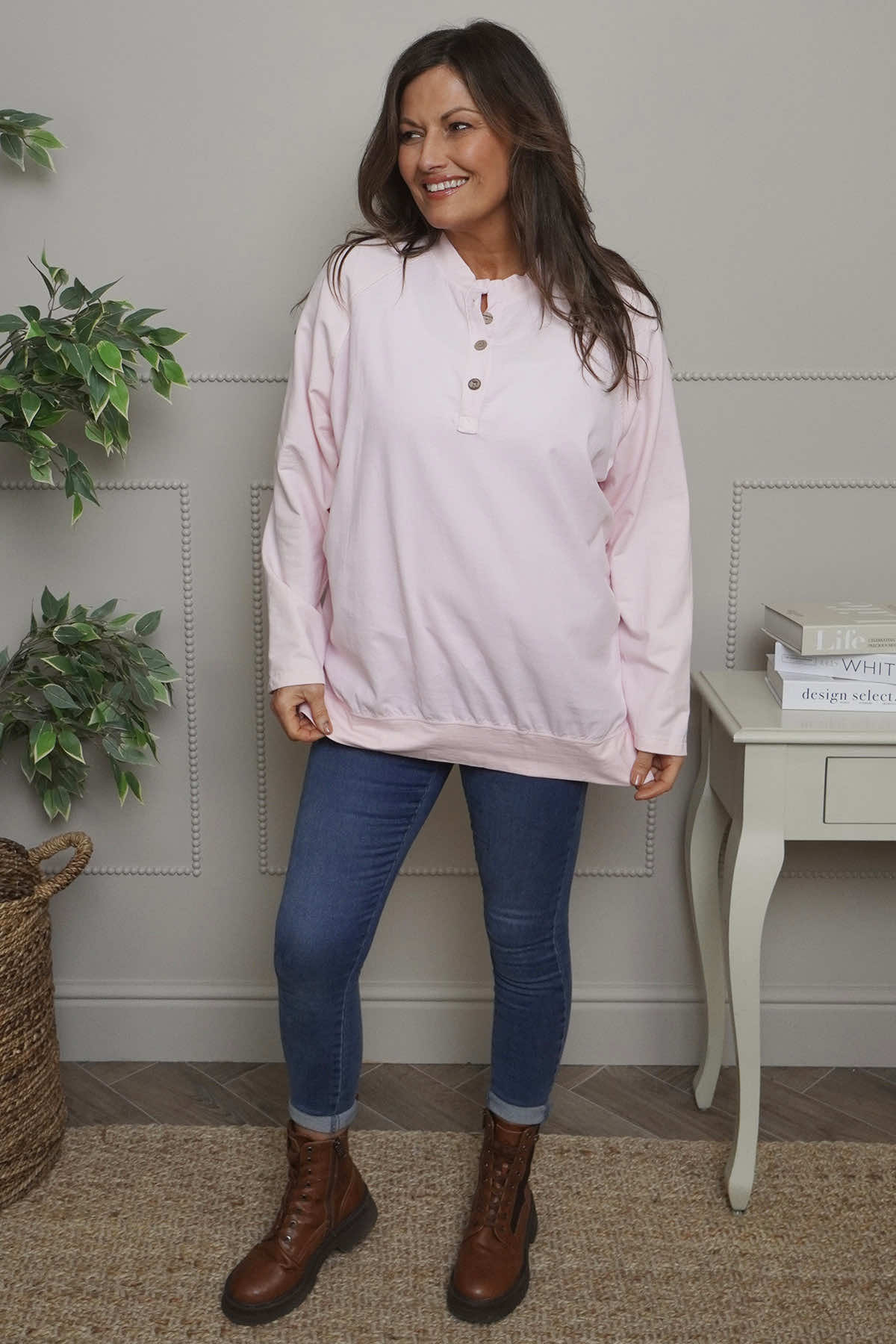 Nyree Button Cotton Top Pink