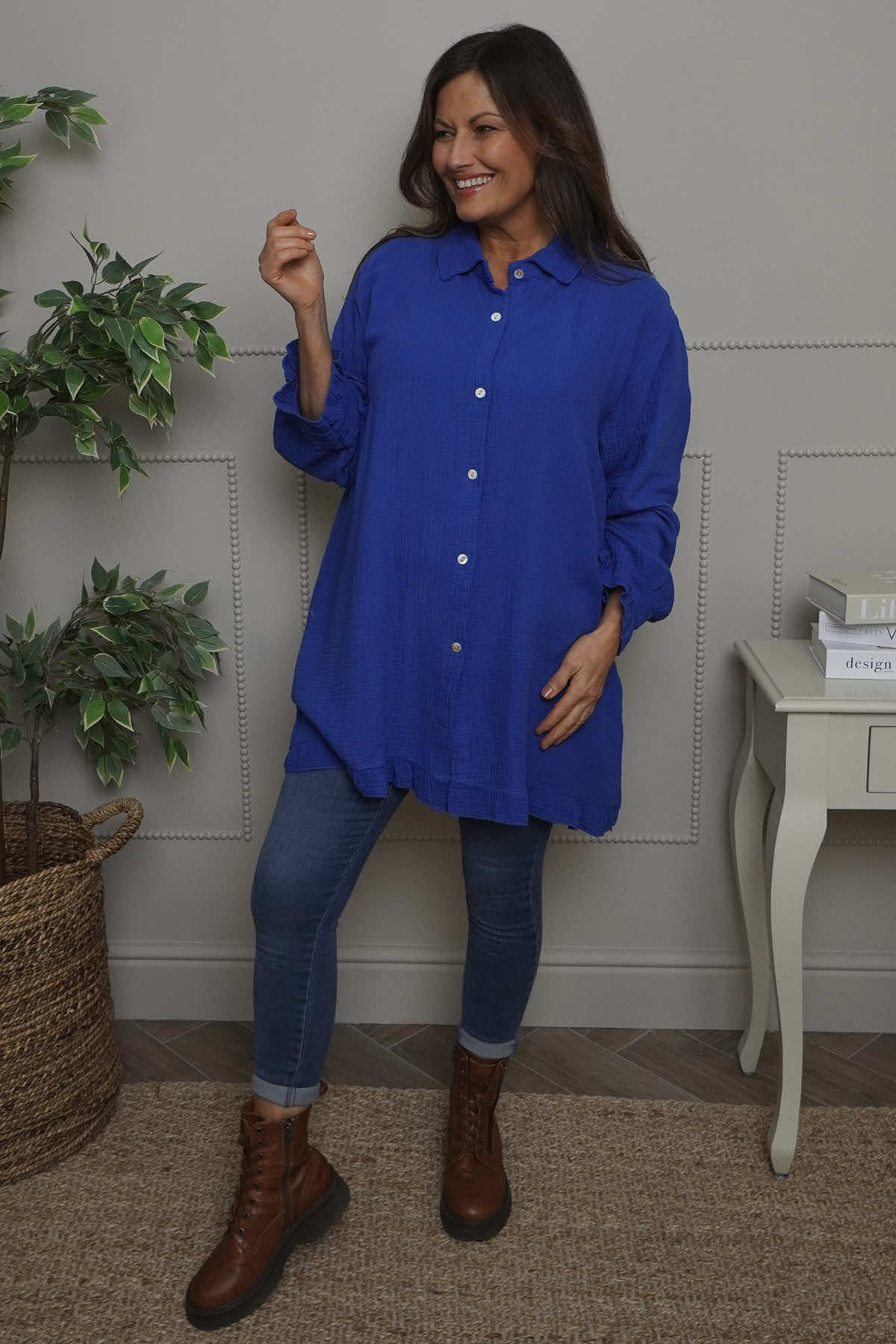 Krista Crinkle Cotton Shirt Cobalt