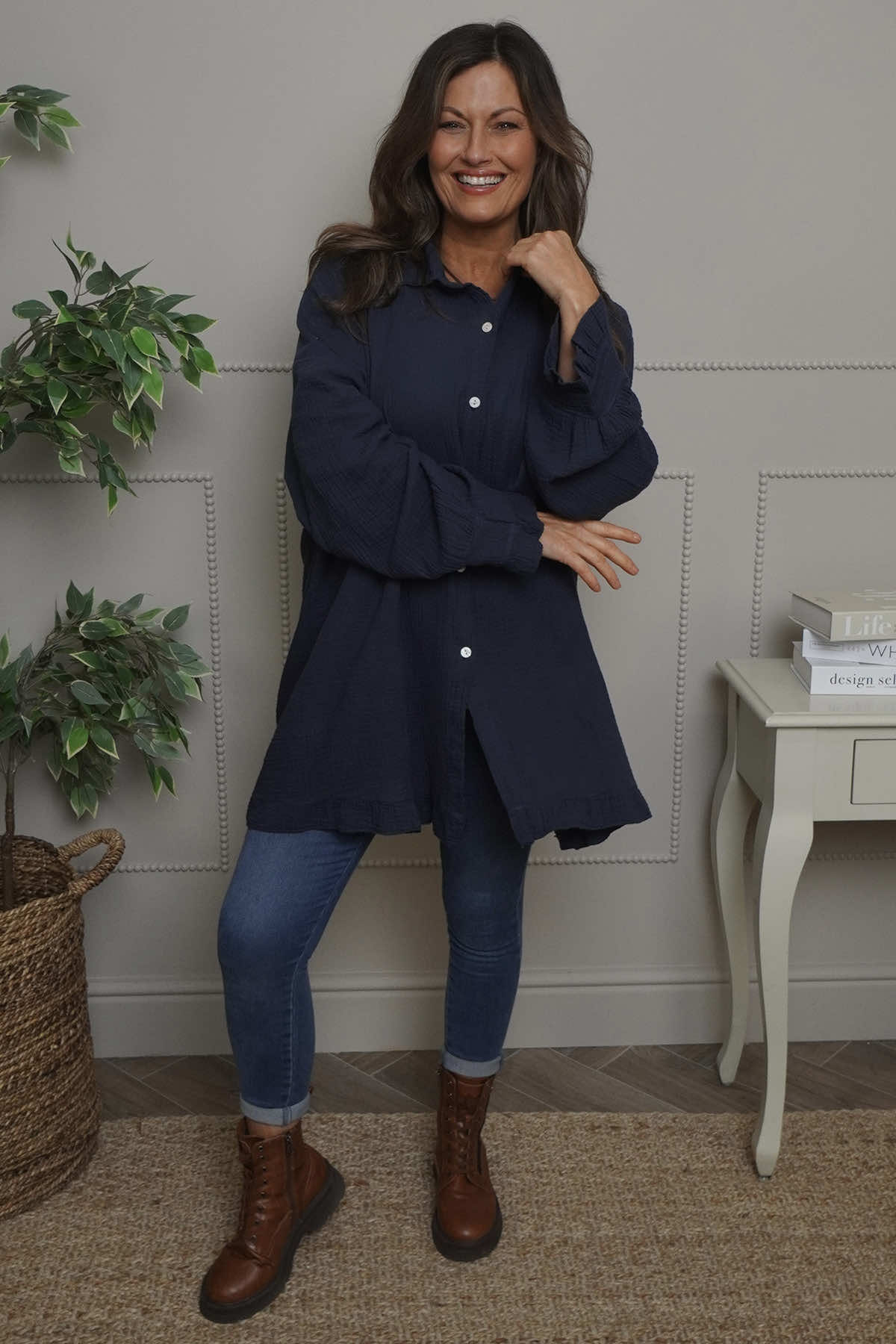 Krista Crinkle Cotton Shirt Navy