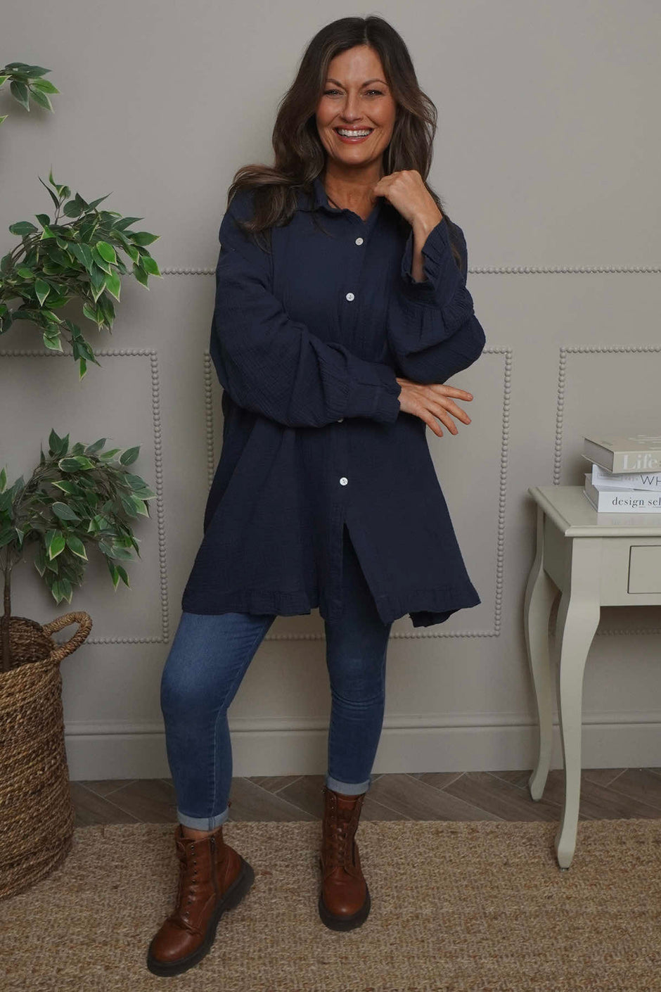 Krista Crinkle Cotton Shirt Navy