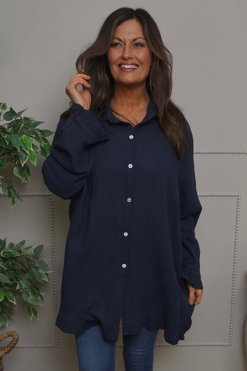Krista Crinkle Cotton Shirt Navy - Image 2