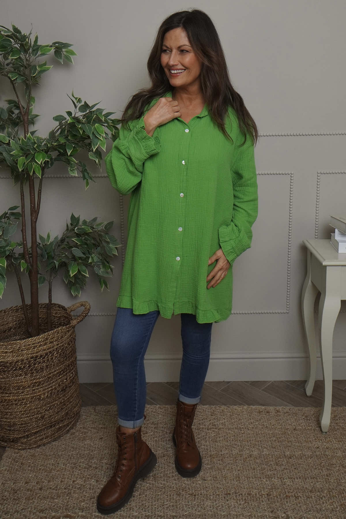 Krista Crinkle Cotton Shirt Green