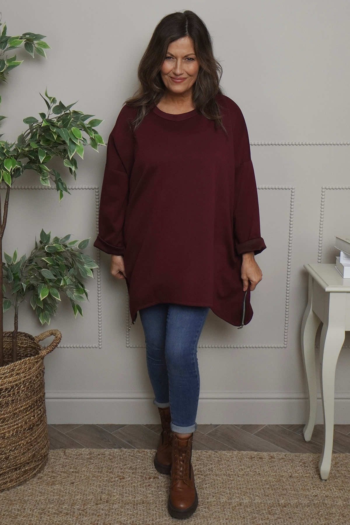Lynne Zip Dipped Hem Top Wine