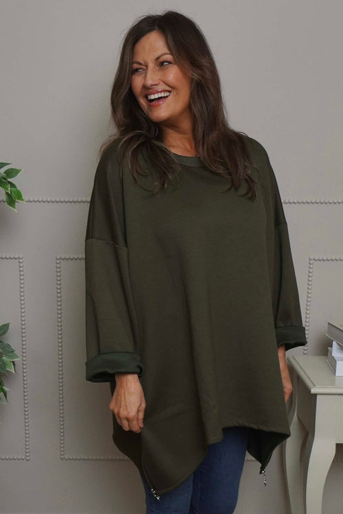 Lynne Zip Dipped Hem Top Khaki - Image 2