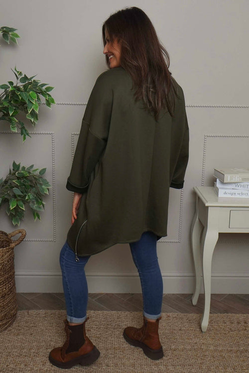 Lynne Zip Dipped Hem Top Khaki - Image 4