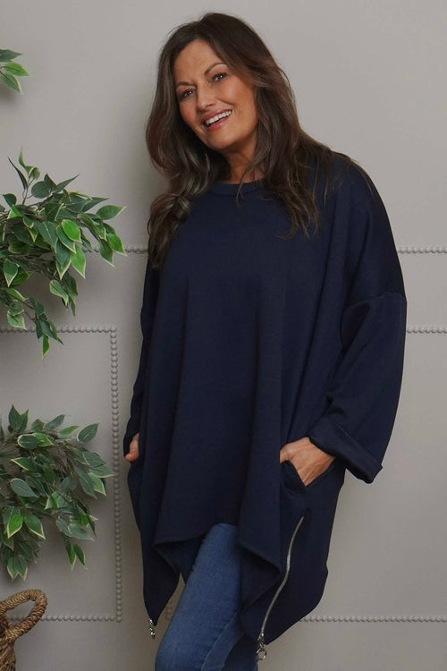 Lynne Zip Dipped Hem Top Navy - Image 2