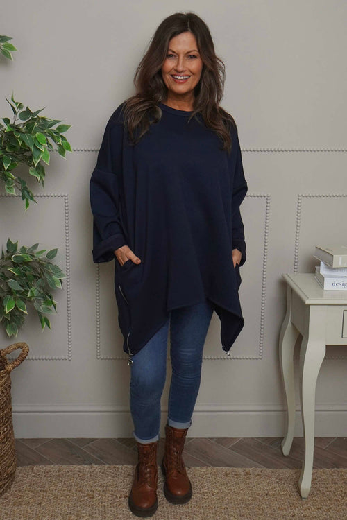 Lynne Zip Dipped Hem Top Navy - Image 1