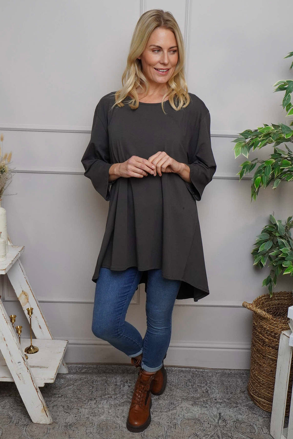 Lulu Button Back Cotton Top Charcoal