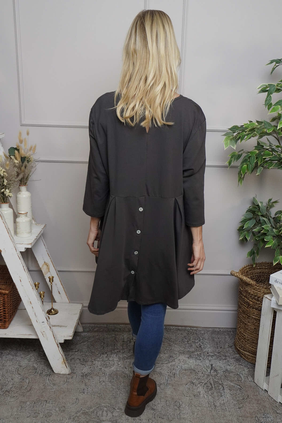 Lulu Button Back Cotton Top Charcoal