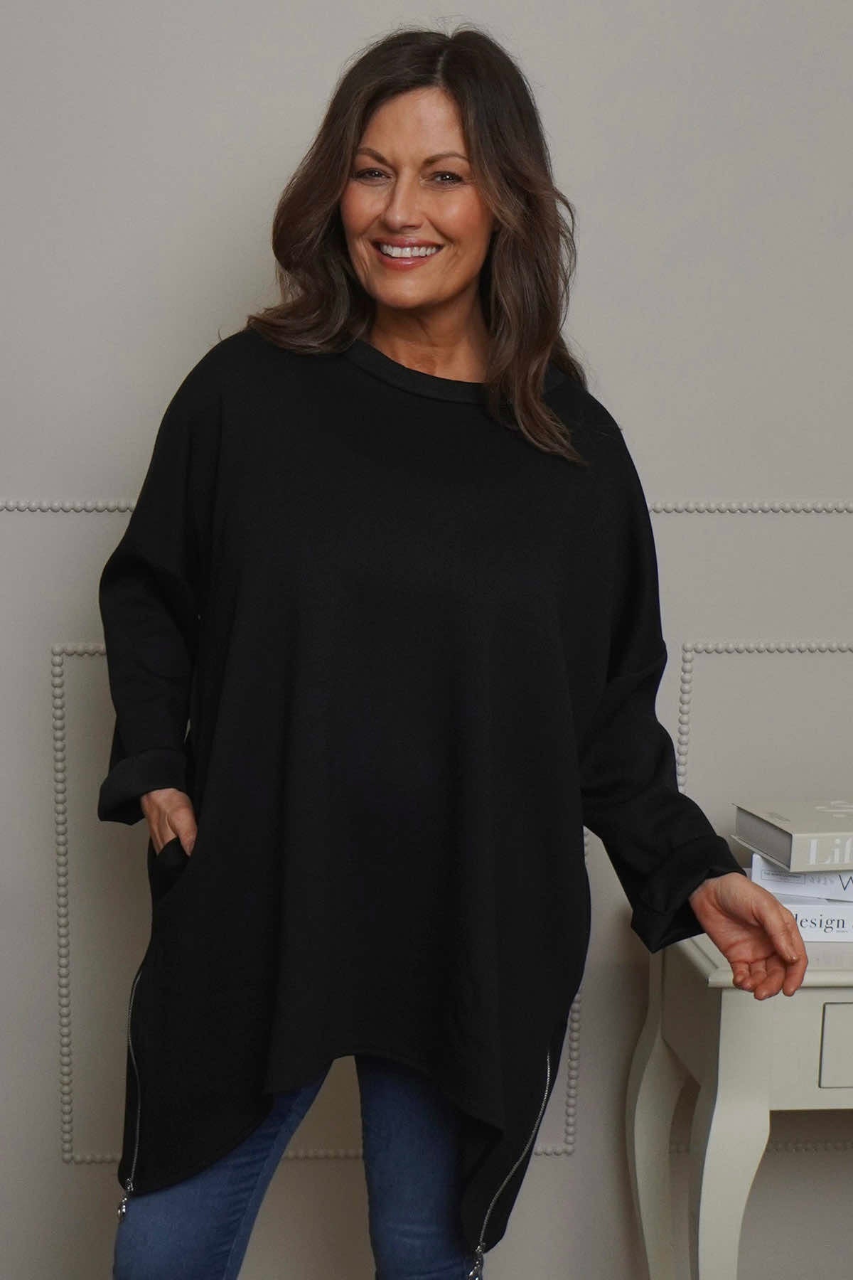 Lynne Zip Dipped Hem Top Black