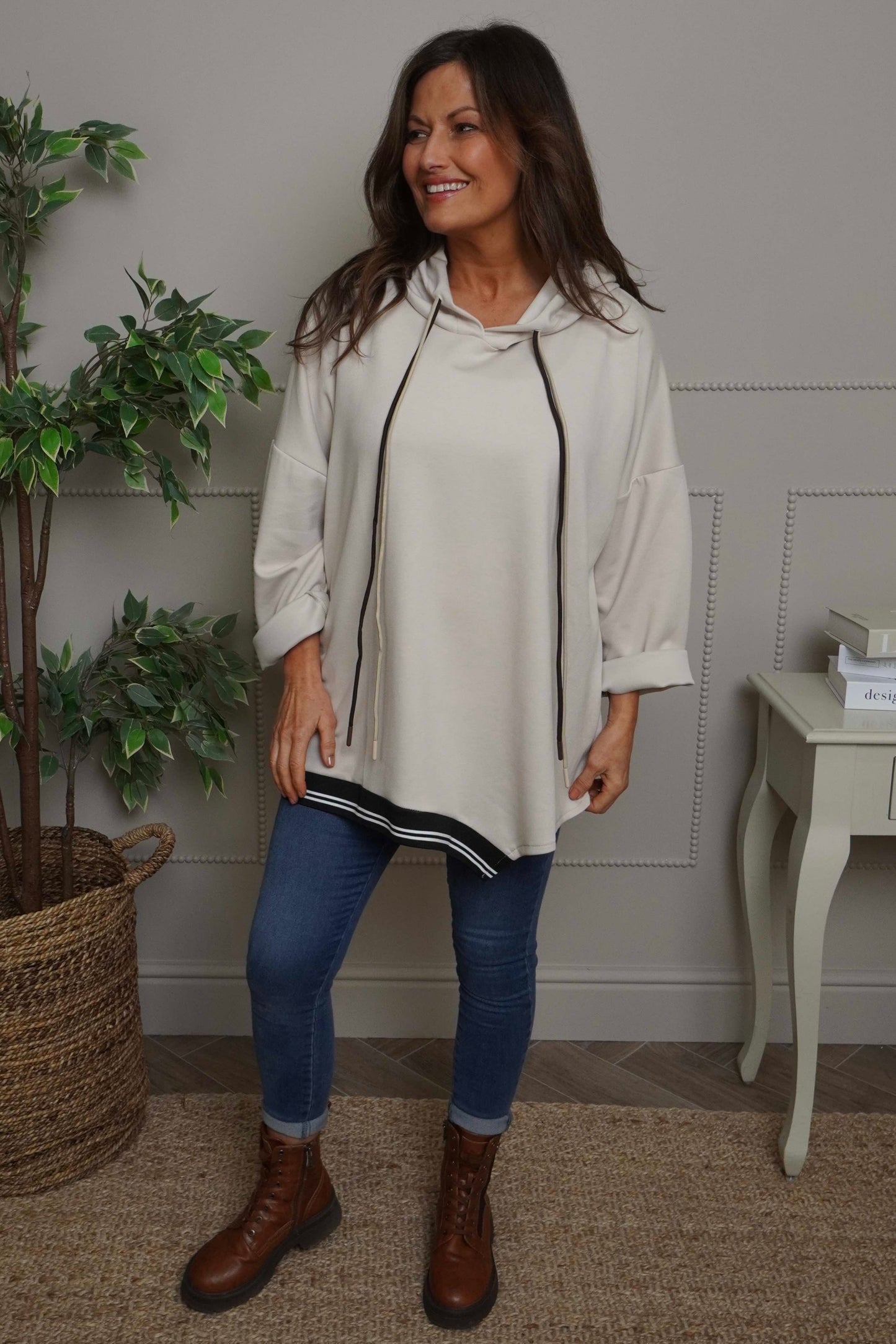 Anya Asymmetric Hooded Top Stone