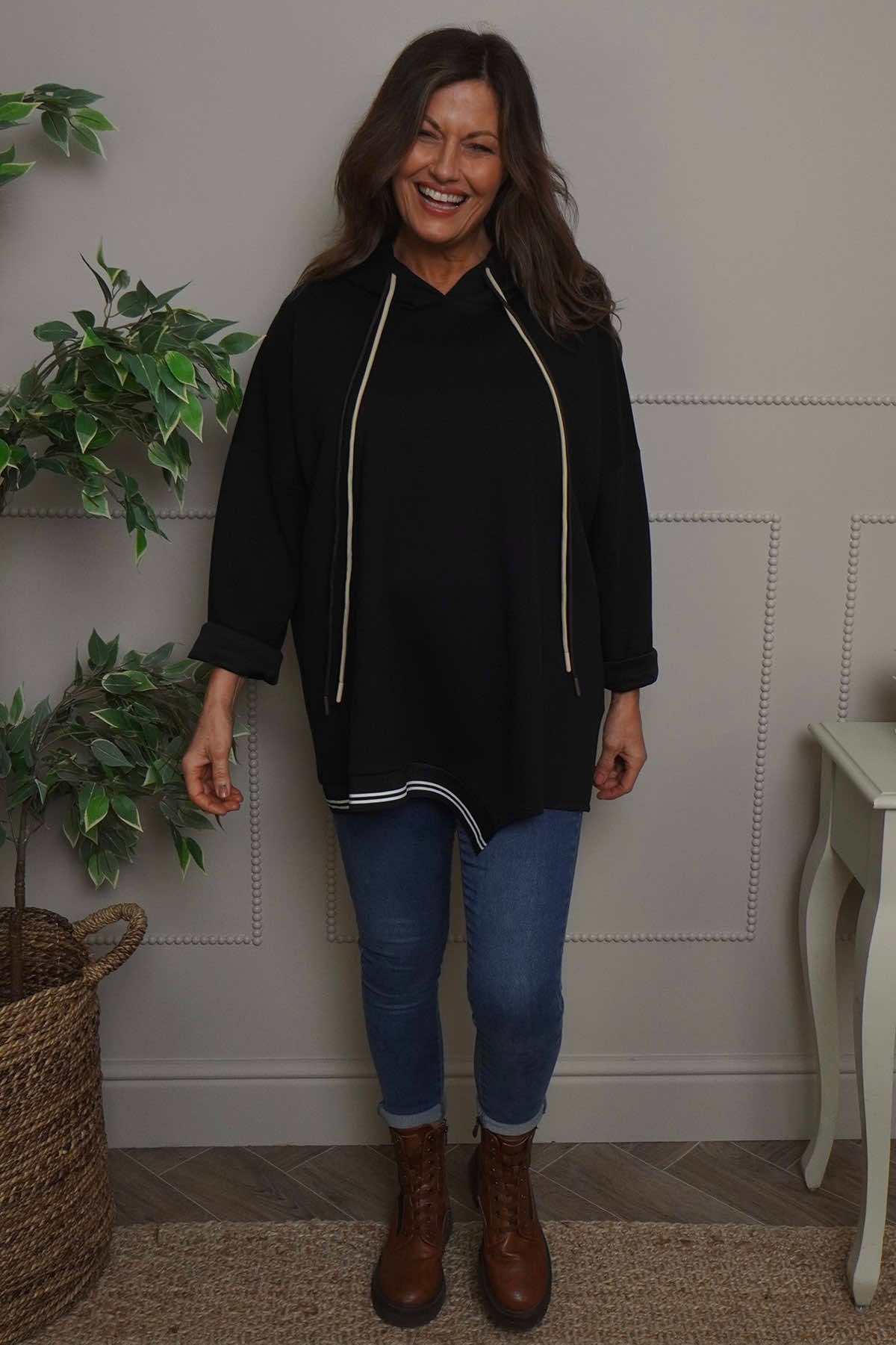 Anya Asymmetric Hooded Top Black