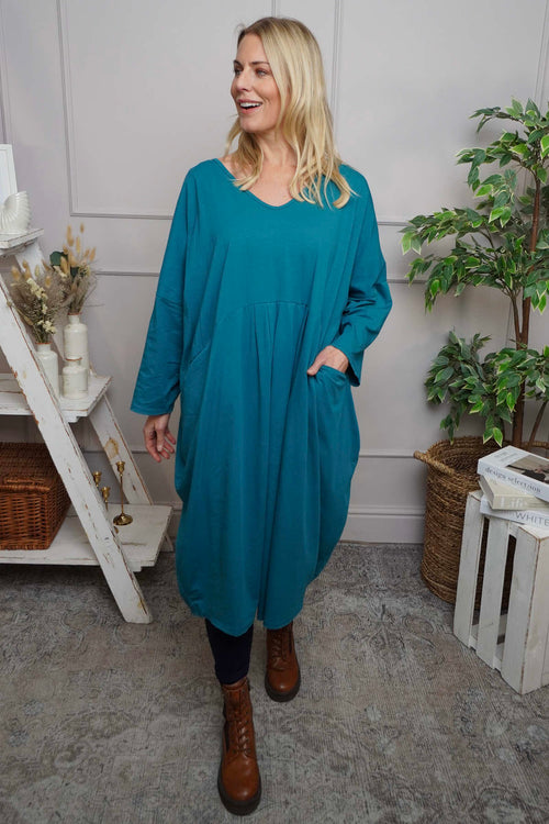 Fenella Long Sleeve Cotton Dress Teal - Image 2
