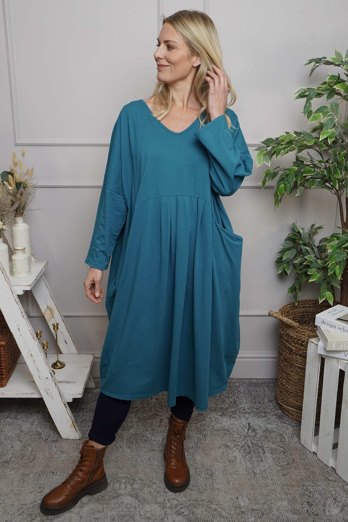 Fenella Long Sleeve Cotton Dress Teal
