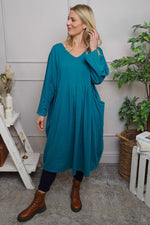 Fenella Long Sleeve Cotton Dress Teal Teal - Fenella Long Sleeve Cotton Dress Teal