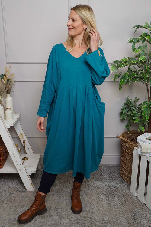 Fenella Long Sleeve Cotton Dress Teal - Image 1
