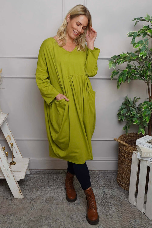 Fenella Long Sleeve Cotton Dress Olive - Image 2
