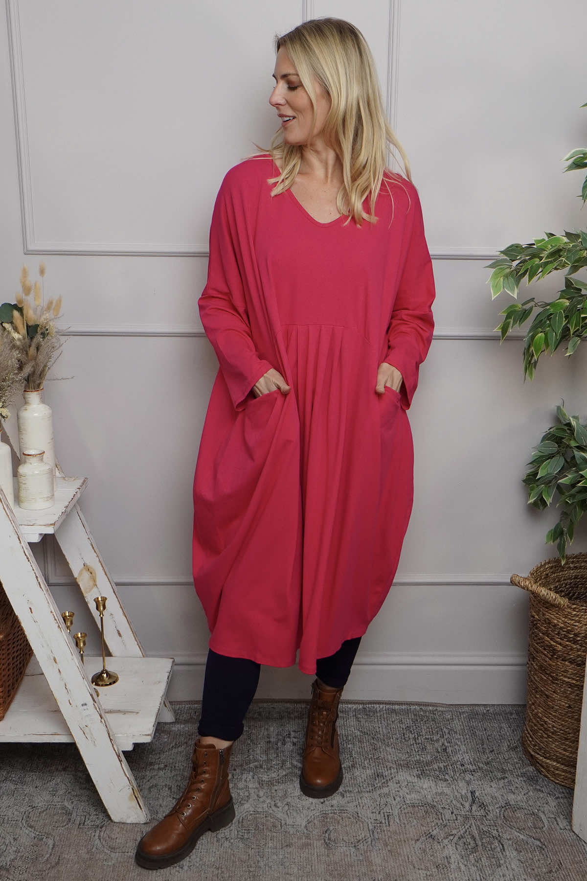 Fenella Long Sleeve Cotton Dress Fuchsia