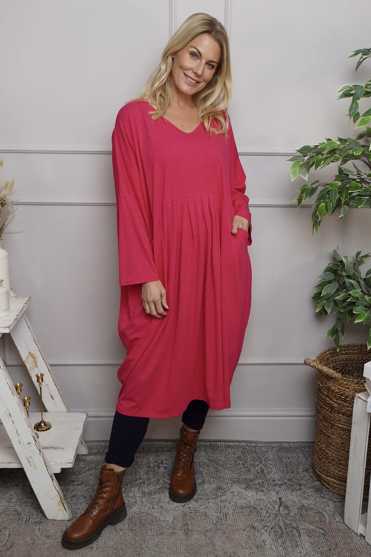 Fenella Long Sleeve Cotton Dress Fuchsia