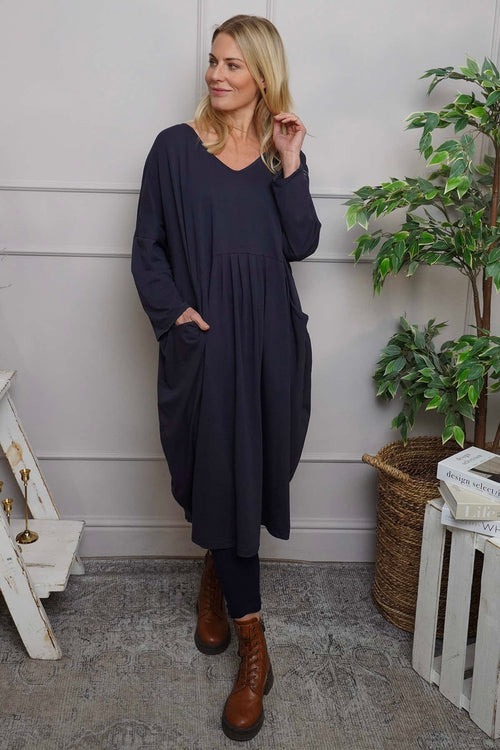 Fenella Long Sleeve Cotton Dress Navy - Image 1