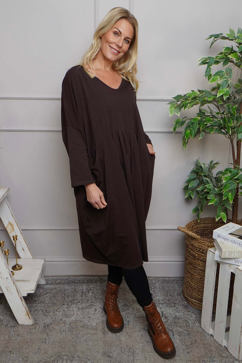 Fenella Long Sleeve Cotton Dress Cocoa