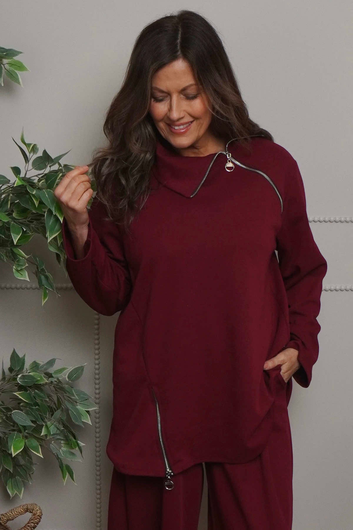 Shaye Zip Detail Cotton Top Wine