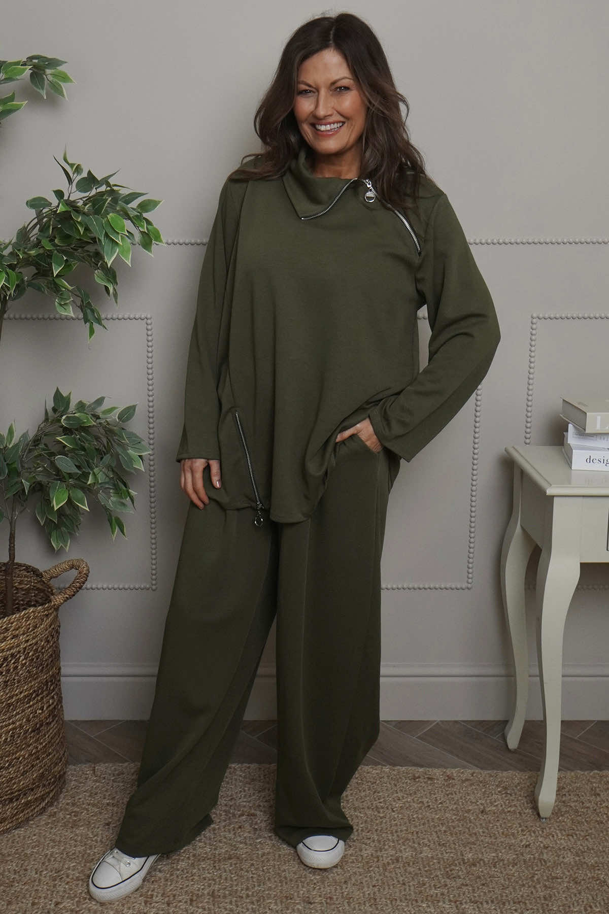 Shaye Zip Detail Cotton Top Khaki