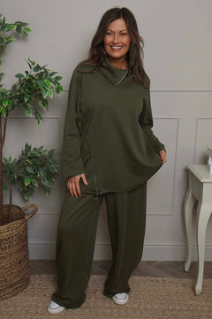 Shaye Zip Detail Cotton Top Khaki