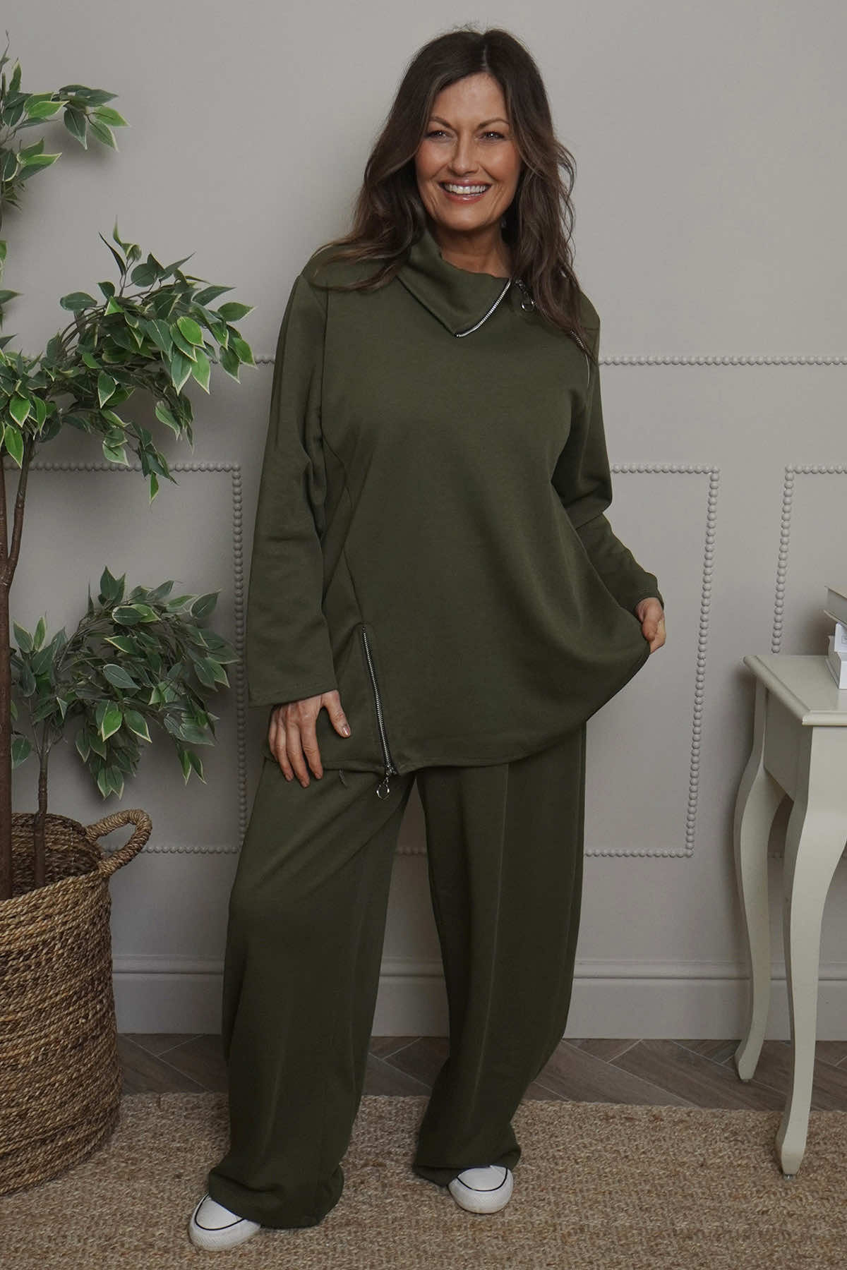 Shaye Zip Detail Cotton Top Khaki