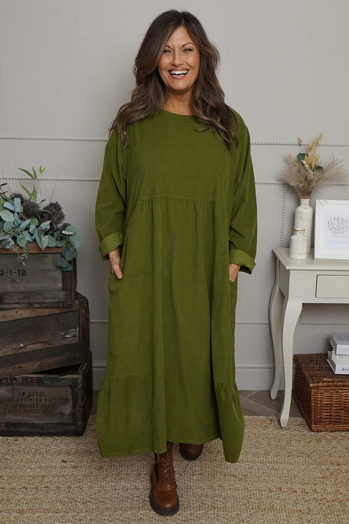 Sheena Needlecord Dress Olive