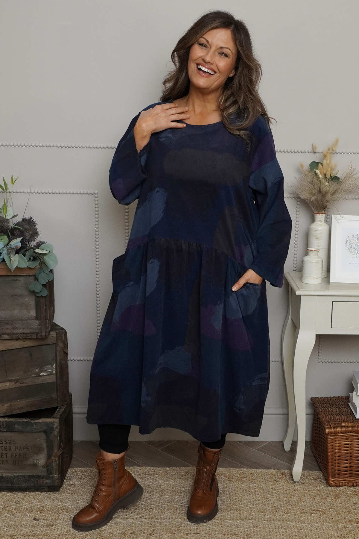 Dreda Print Needlecord Dress Navy