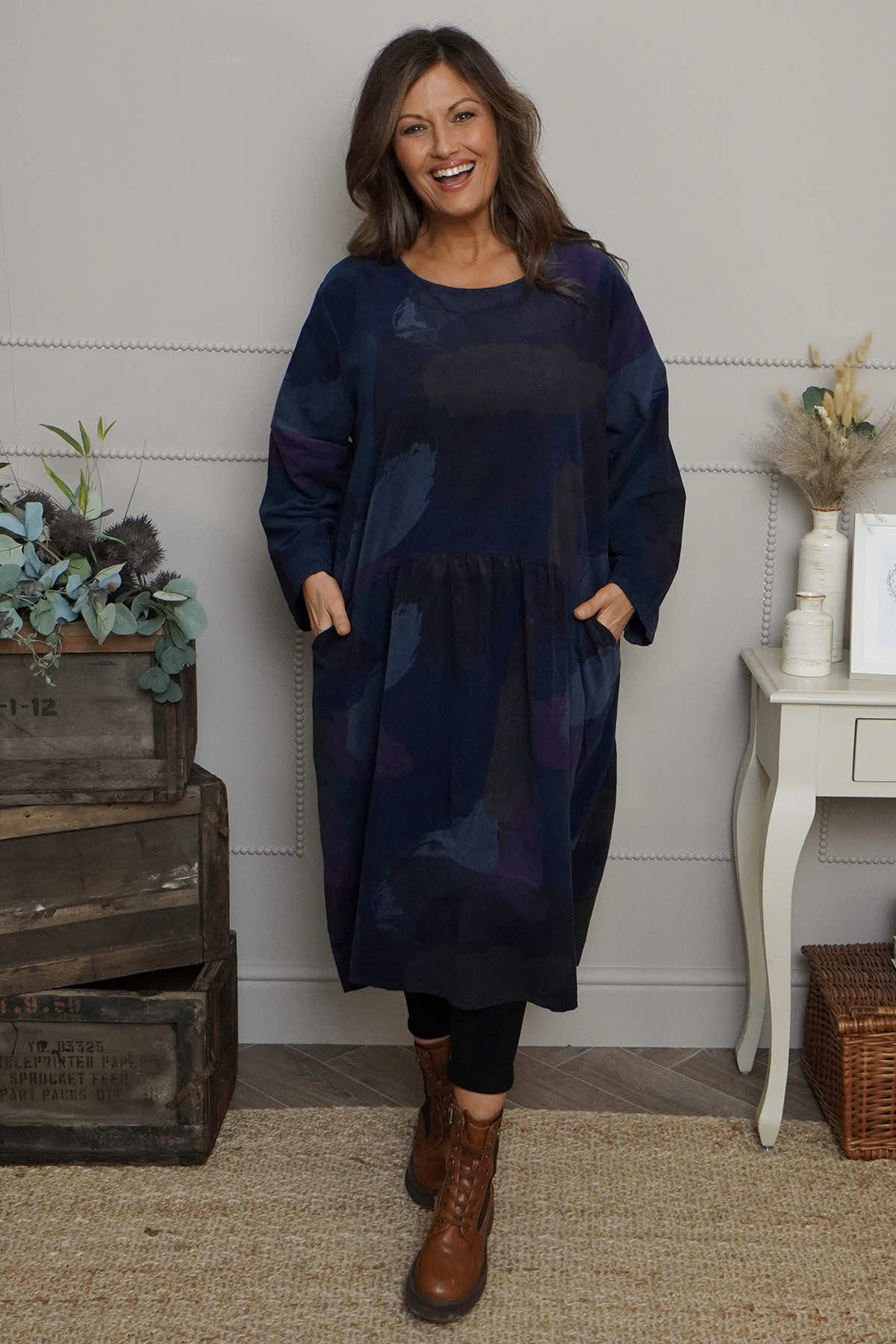 Dreda Print Needlecord Dress Navy