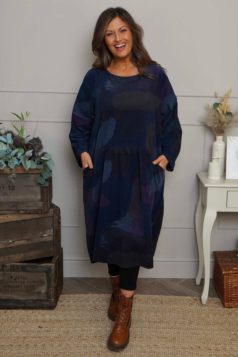 Dreda Print Needlecord Dress Navy