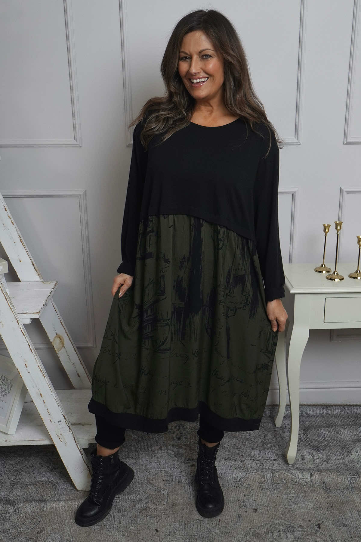 Janette Print Cotton Dress Khaki